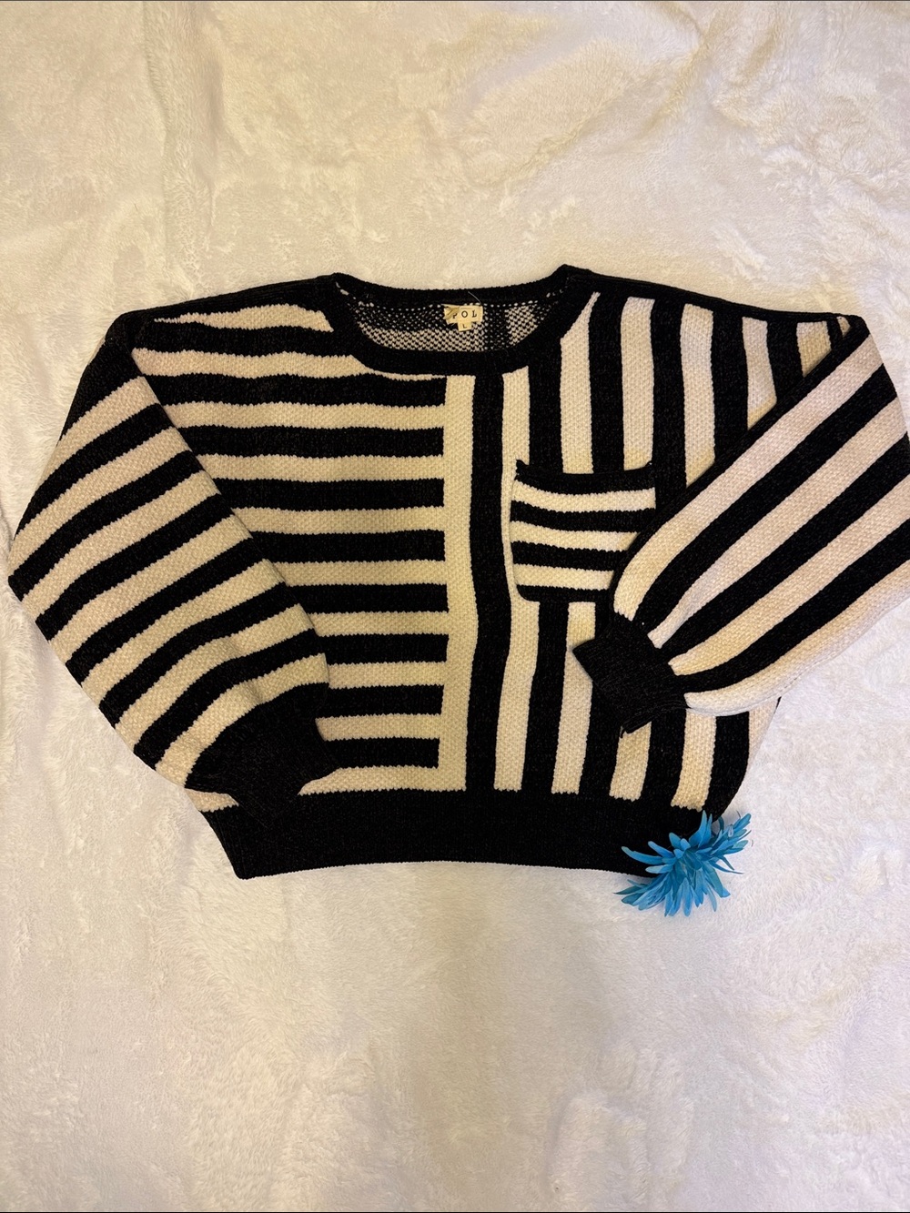 POL Black & White Striped Crewneck Sweater